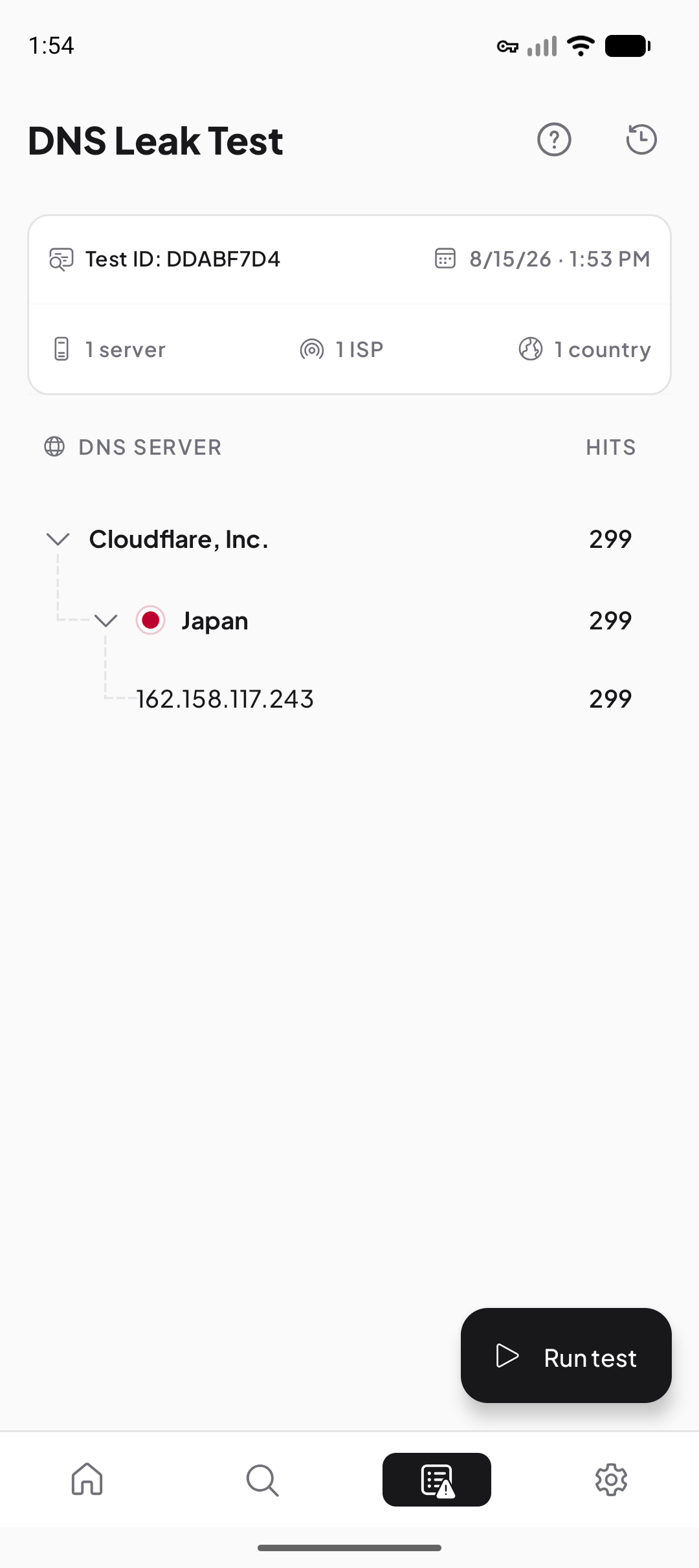 DNS test results in IP Finder